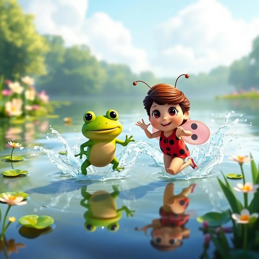 Lila the ladybug and Freddy the frog hopping around the lake, splashes of water around, sunny day, flowers blooming nearby, cheerful, vibrant colors, dynamic movement