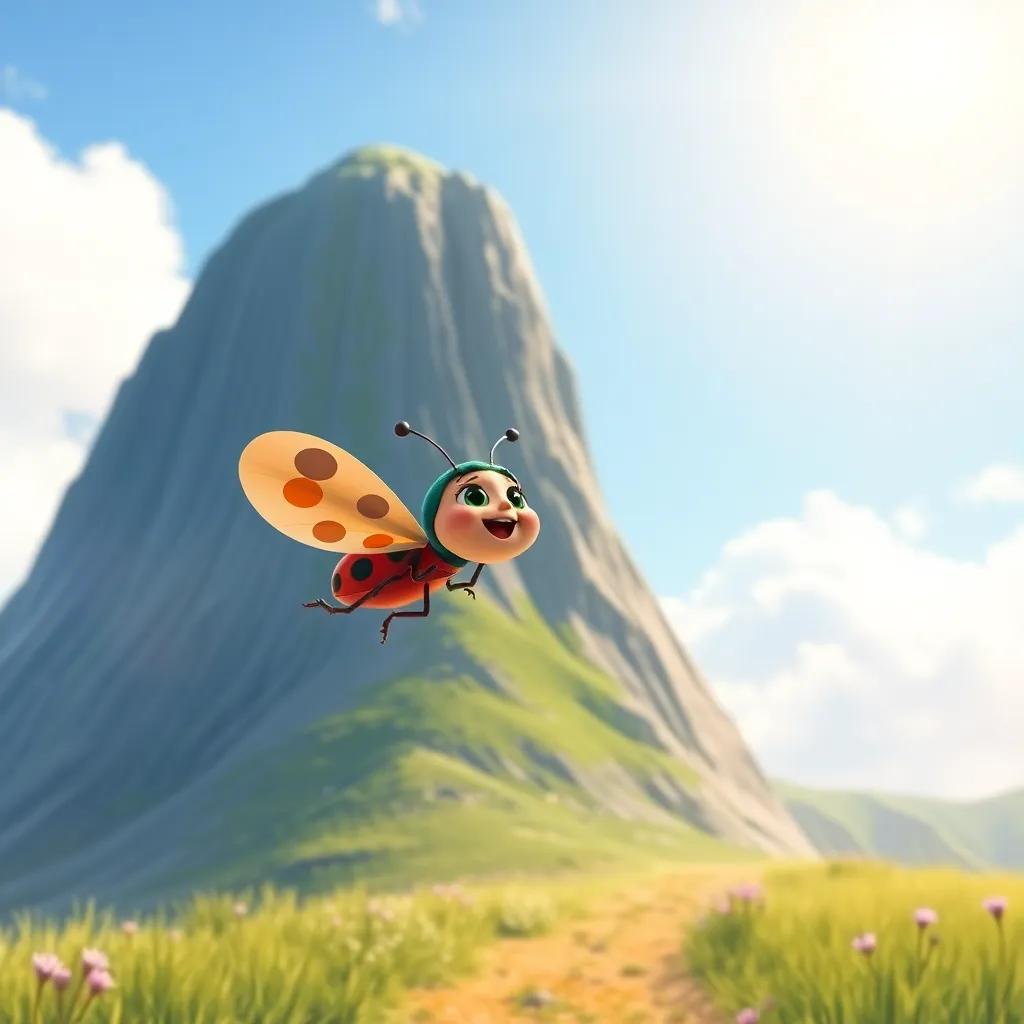 Lila the ladybug flying towards a tall hill, feeling excited and determined, the sunny sky above her, bright landscape around, colorful, uplifting imagery