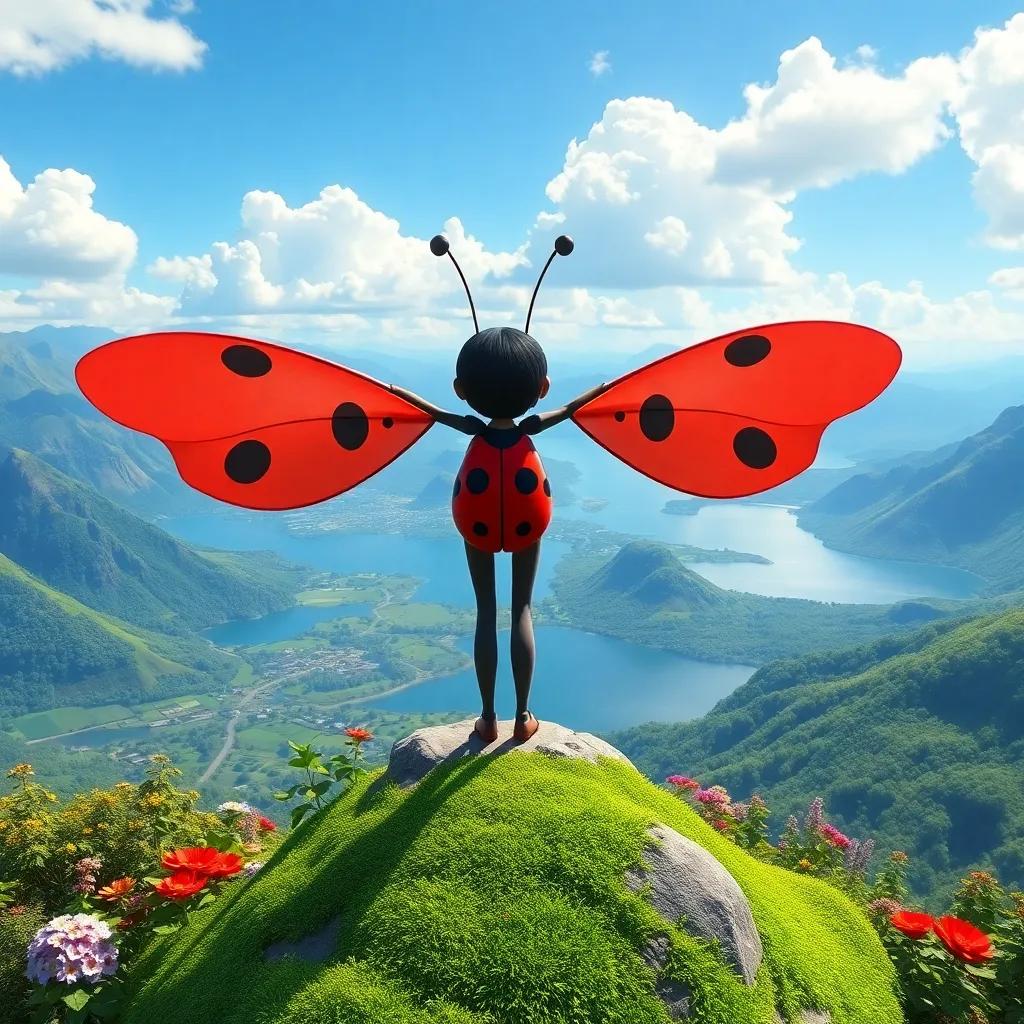 Lila the ladybug reaching the top of a tall hill, spreading her wings wide and looking at a breathtaking view of gardens, lakes, and mountains, sense of accomplishment, bright colors, inspiring atmosphere