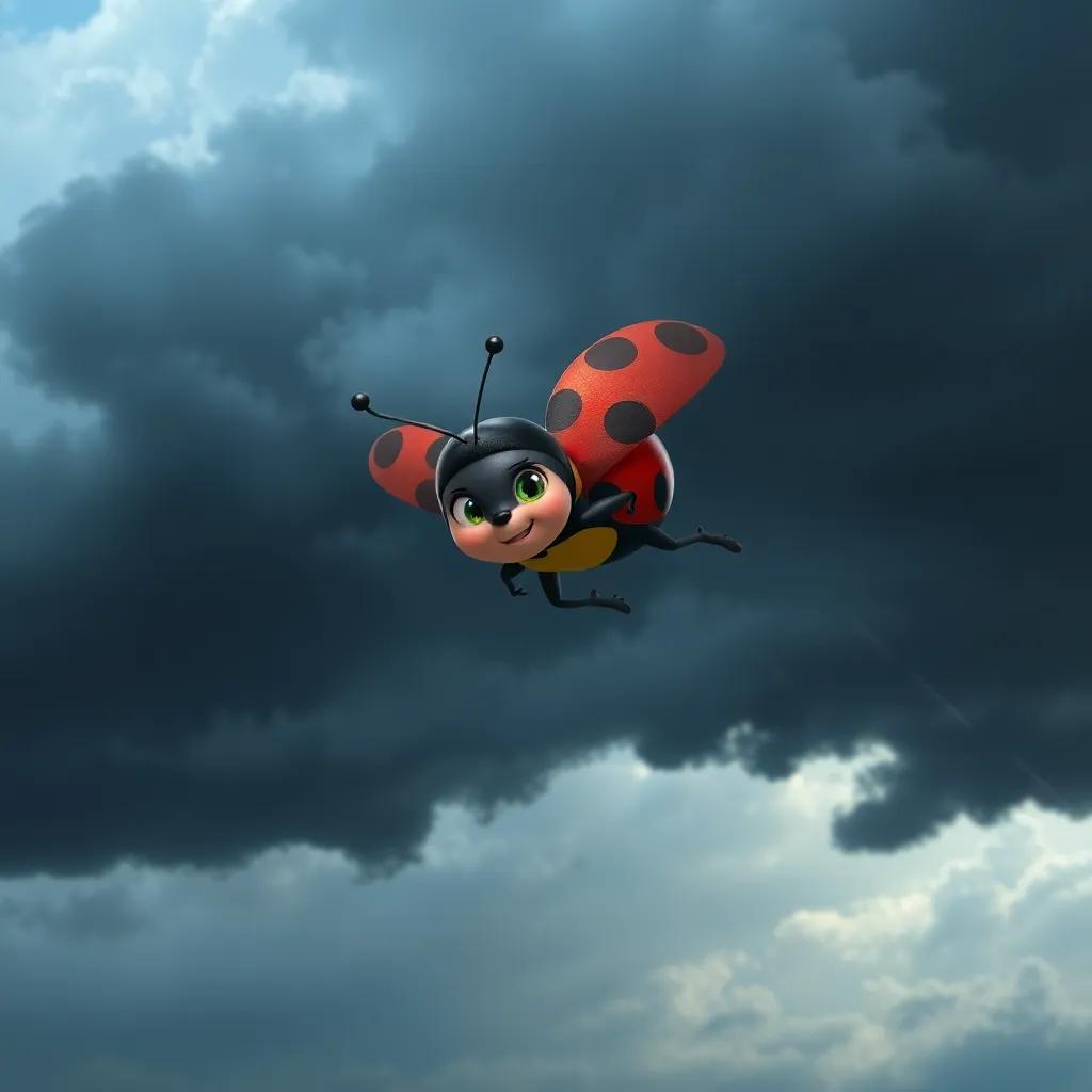 A stormy scene with dark clouds, Lila the ladybug bravely flying against the wind, determined expression, dynamic movement, tension in the air, vibrant colors contrasting with dark clouds