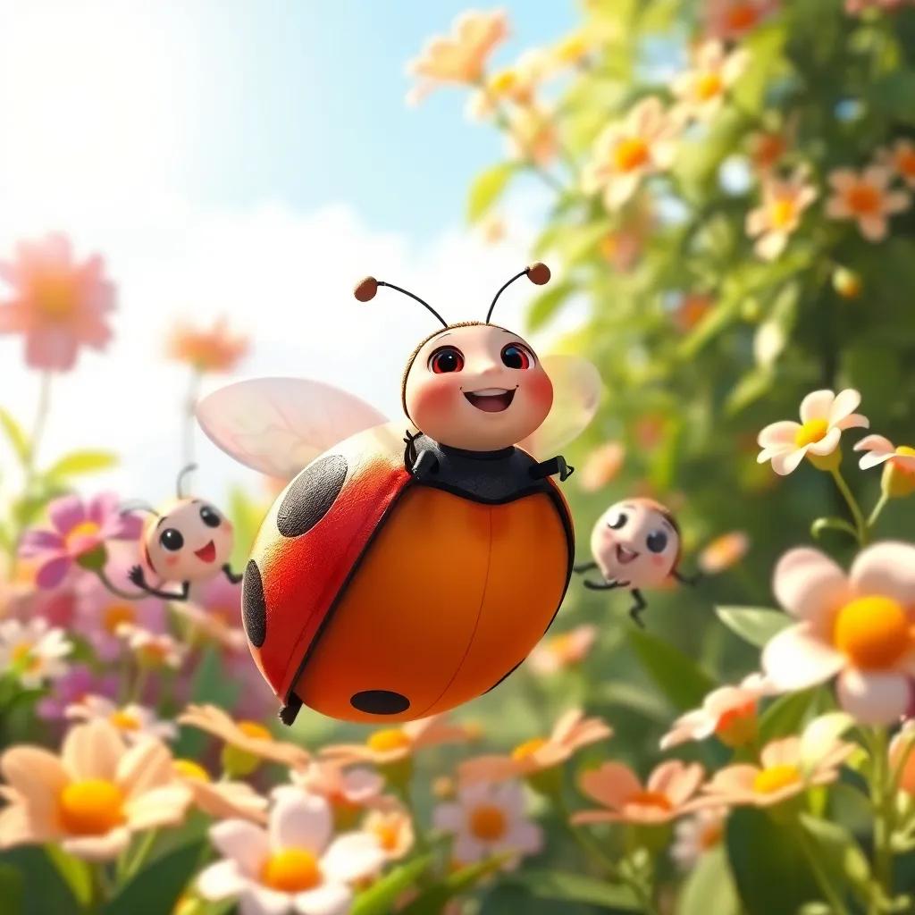 Lila the ladybug landing safely in her garden, her friends cheering joyfully around her, flowers blooming, bright and warm atmosphere