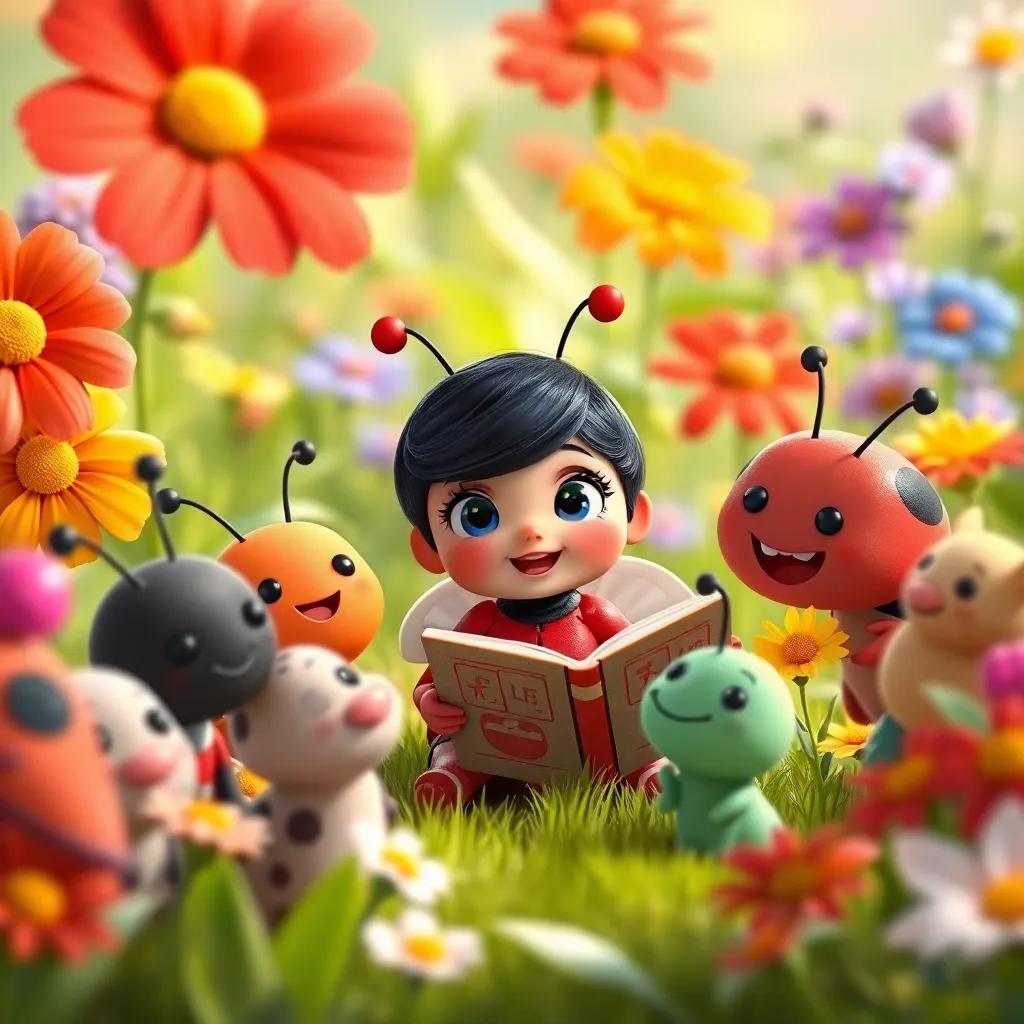 Lila the ladybug sharing her adventure story with her friends in the garden, all of them gathered around with happy expressions, colorful flowers in the background, heartwarming, inviting scene