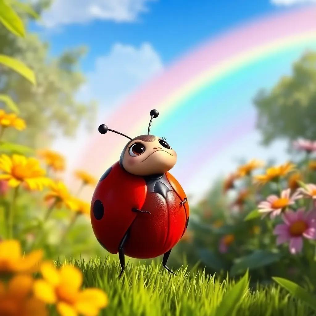 Lila the ladybug looking forward to her next adventure, a bright morning in the garden with a rainbow in the sky, filled with possibilities, colorful, hopeful imagery