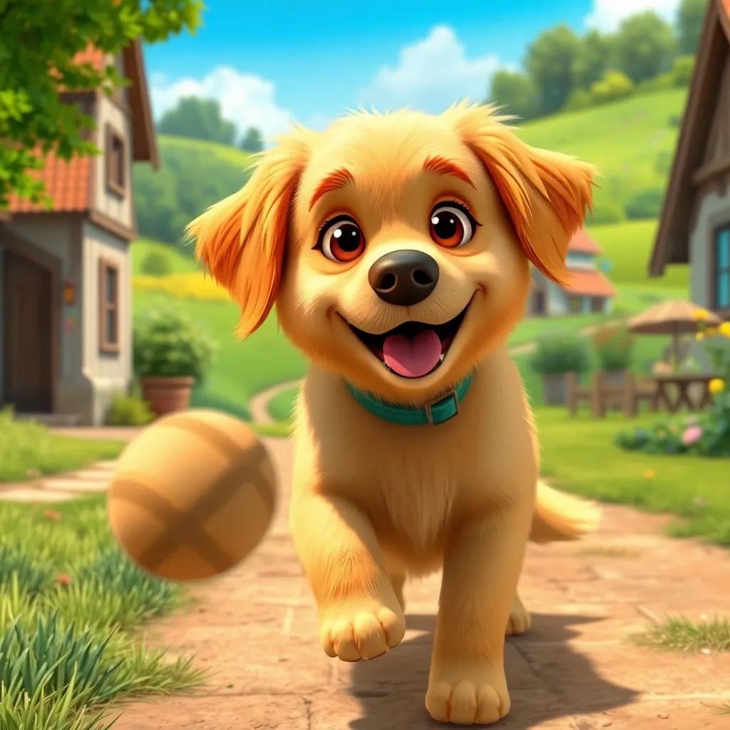 A friendly golden retriever named Leo, with fluffy fur and bright, shining eyes, playing fetch in a sunny village with green fields around, digital art, cheerful atmosphere, vibrant colors, heartwarming scene, high quality