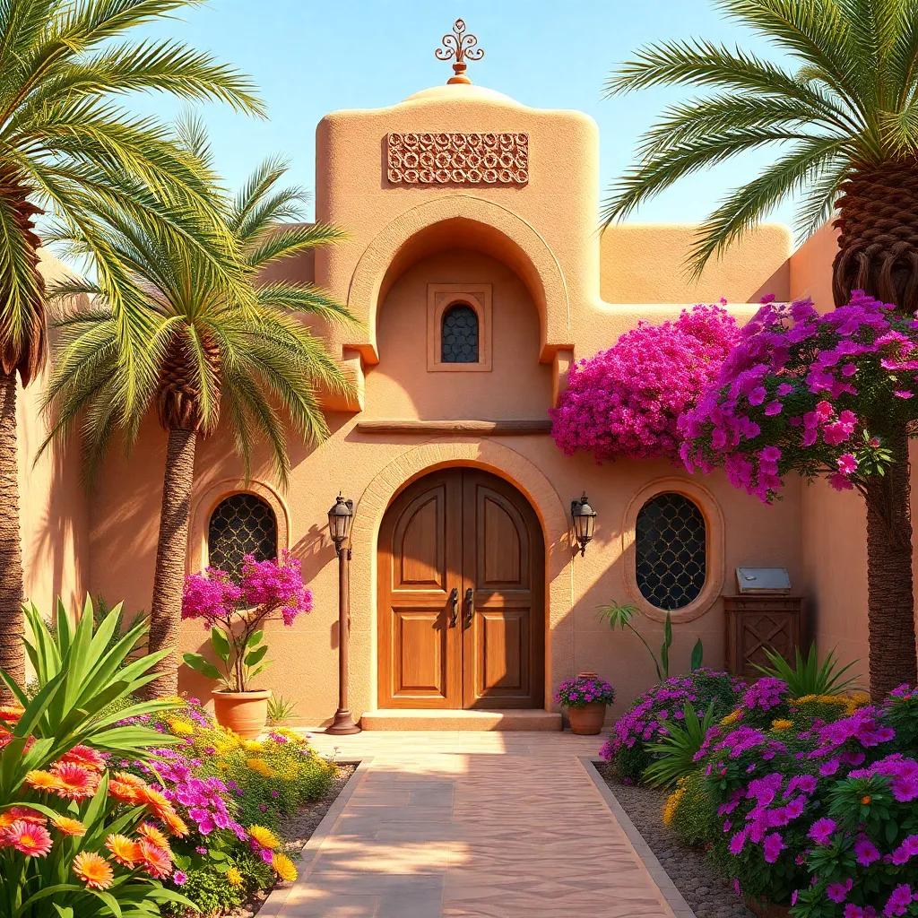 A traditional Omani home made of coral and clay, with tall walls and big wooden doors, surrounded by palm trees and vibrant flowers, digital art, warm colors, cozy atmosphere, high quality