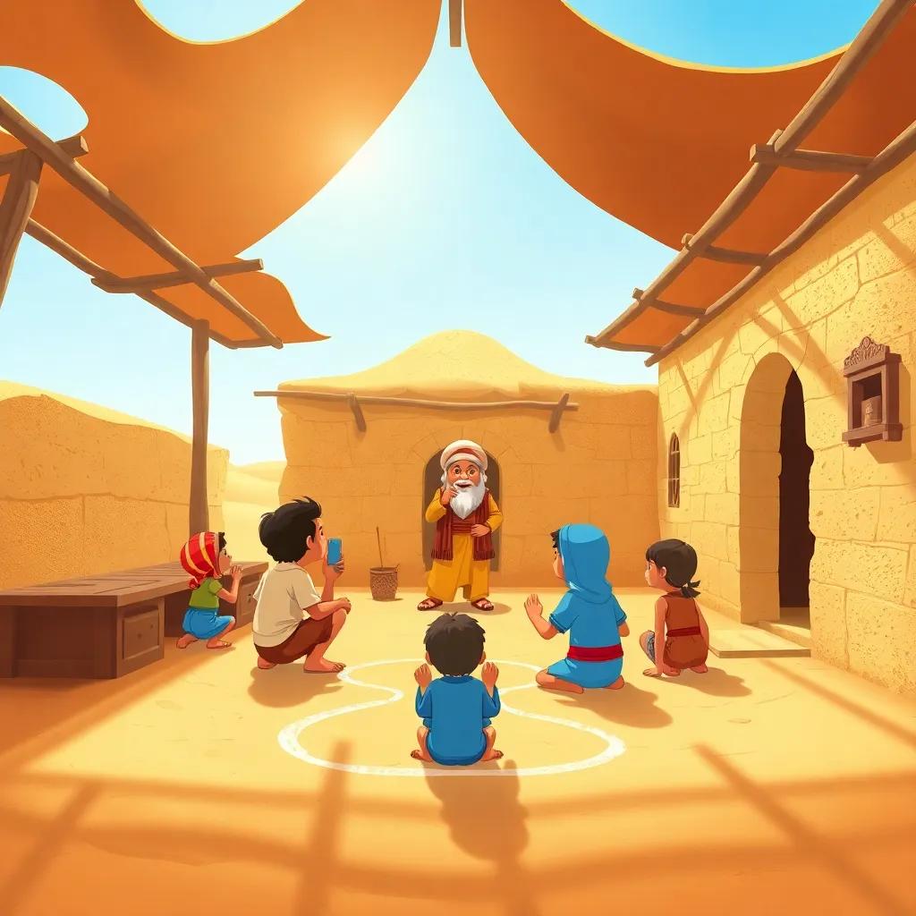 An old Omani school under the sun, where children gather around a wise teacher, drawing in the sand, classic illustration, bright sunny day, cheerful and lively ambiance, high quality, child-friendly