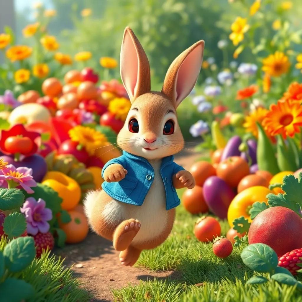 A little brown rabbit, Peter Rabbit, with a tiny blue jacket, hopping happily near a beautiful garden full of vibrant vegetables, sunny day, cheerful and adventurous, colorful, high quality