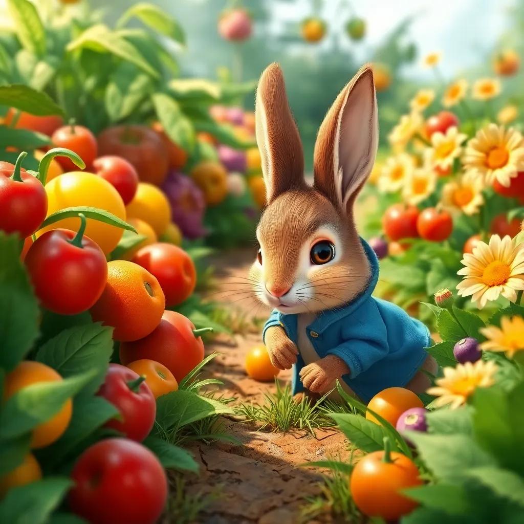 Peter Rabbit, a small brown rabbit in a tiny blue coat, sneaking into a lush green garden filled with colorful fruits and vegetables, playful and curious, joyful atmosphere, detailed, bright