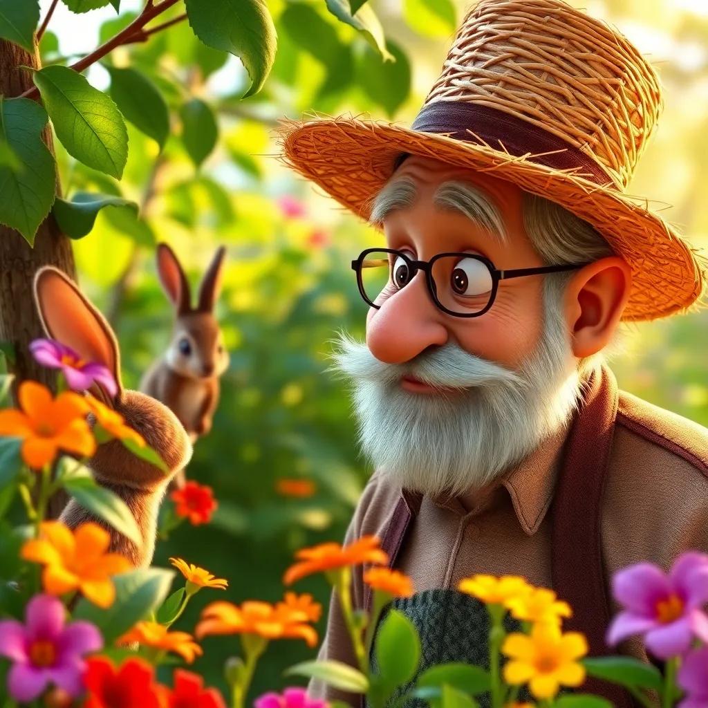 Mr. McGregor, an older man with a straw hat, looking surprised as he spots Peter Rabbit in his garden, surrounded by leafy greens and bright flowers, humorous expression, warm light, vivid colors, engaging and lively