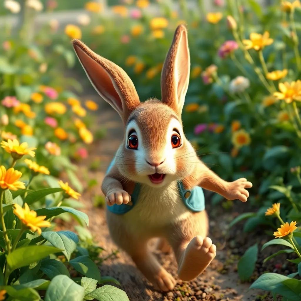 Peter Rabbit, with a surprised face, dashing through the garden with green plants and flowers all around, escaping Mr. McGregor, action-packed, dynamic perspective, exciting lights, colorful