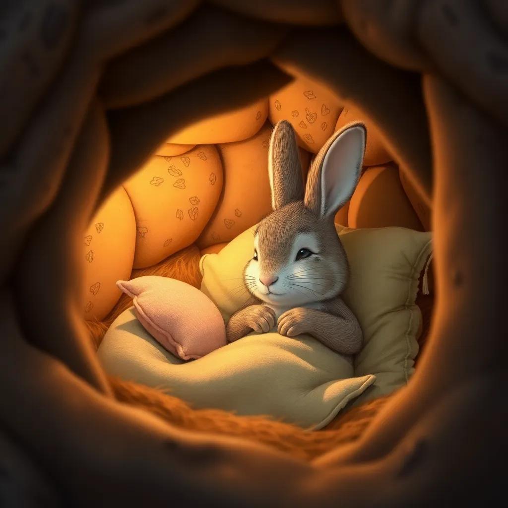 A warm and cozy rabbit burrow, Peter Rabbit resting in his bed, with a small pillow and blanket, feeling safe and snug, a mother rabbit with gentle care, soft light, peaceful atmosphere, inviting and comforting