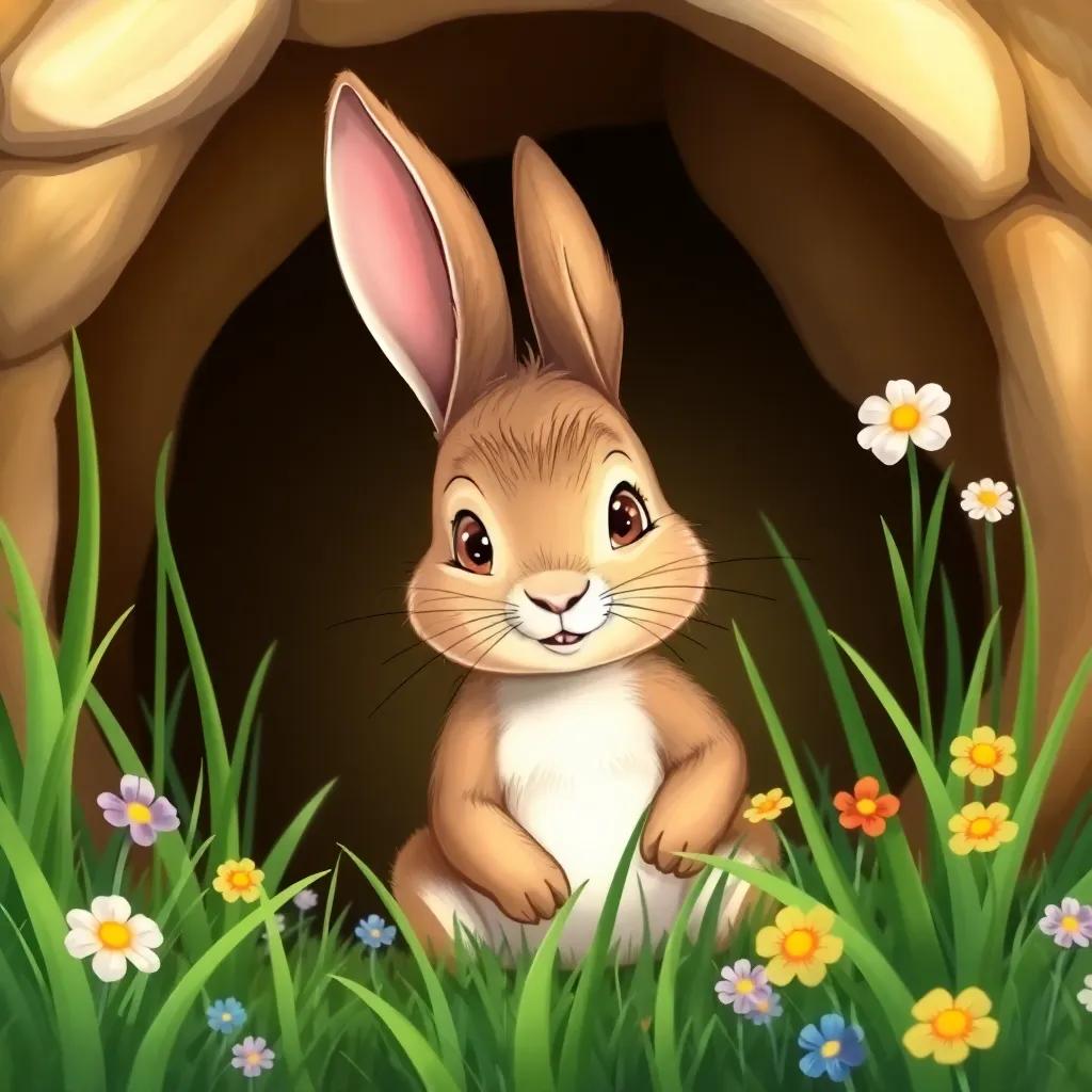 A small, brown rabbit, Peter Rabbit, with big ears, and a curious look, peeking out of a cozy burrow surrounded by green grass and flowers, cheerful illustration, bright colors, inviting atmosphere, cheerful composition, high quality
