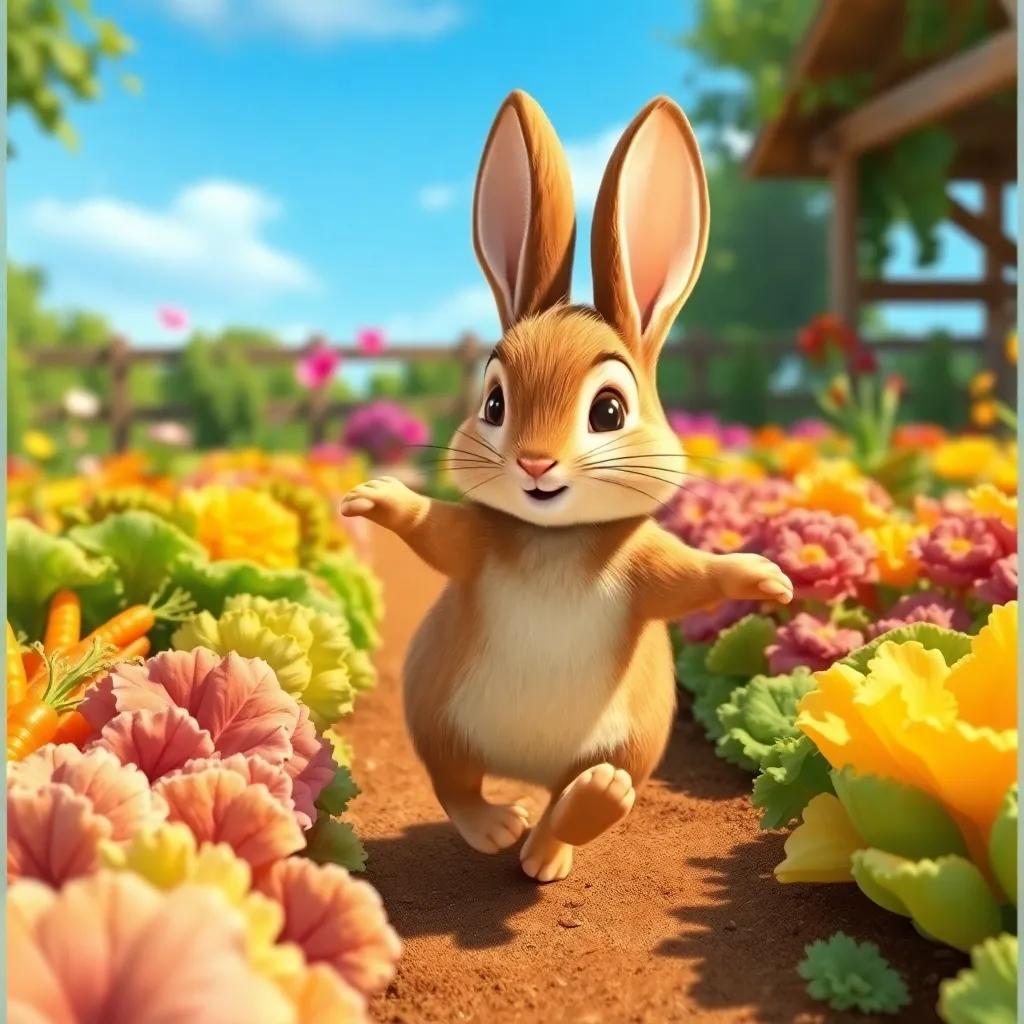 Peter Rabbit, a small, brown rabbit, happily hopping in a garden full of vibrant vegetables like carrots and lettuce, with blue skies above, lively illustration, colorful, sunny atmosphere, joyful perspective, high quality