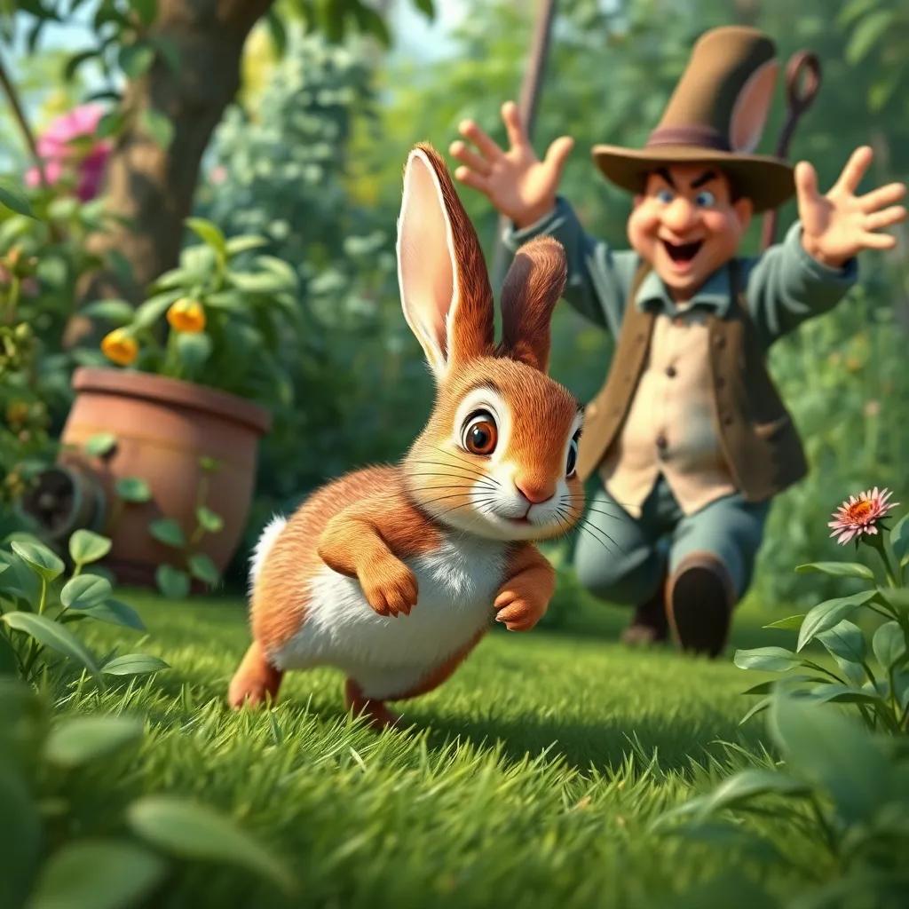 Peter Rabbit, a small, brown rabbit, looking scared while running from an angry gardener, Mr. McGregor, who is waving his arms in a green garden, filled with plants, dynamic illustration, action packed, energetic mood, high quality