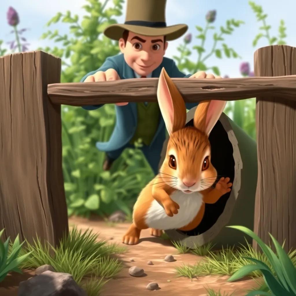 Peter Rabbit, a small, brown rabbit, quickly squeezing through a hole in a fence, while Mr. McGregor reaches out behind him trying to catch him, with lush garden plants in the background, thrilling illustration, suspenseful action, high quality