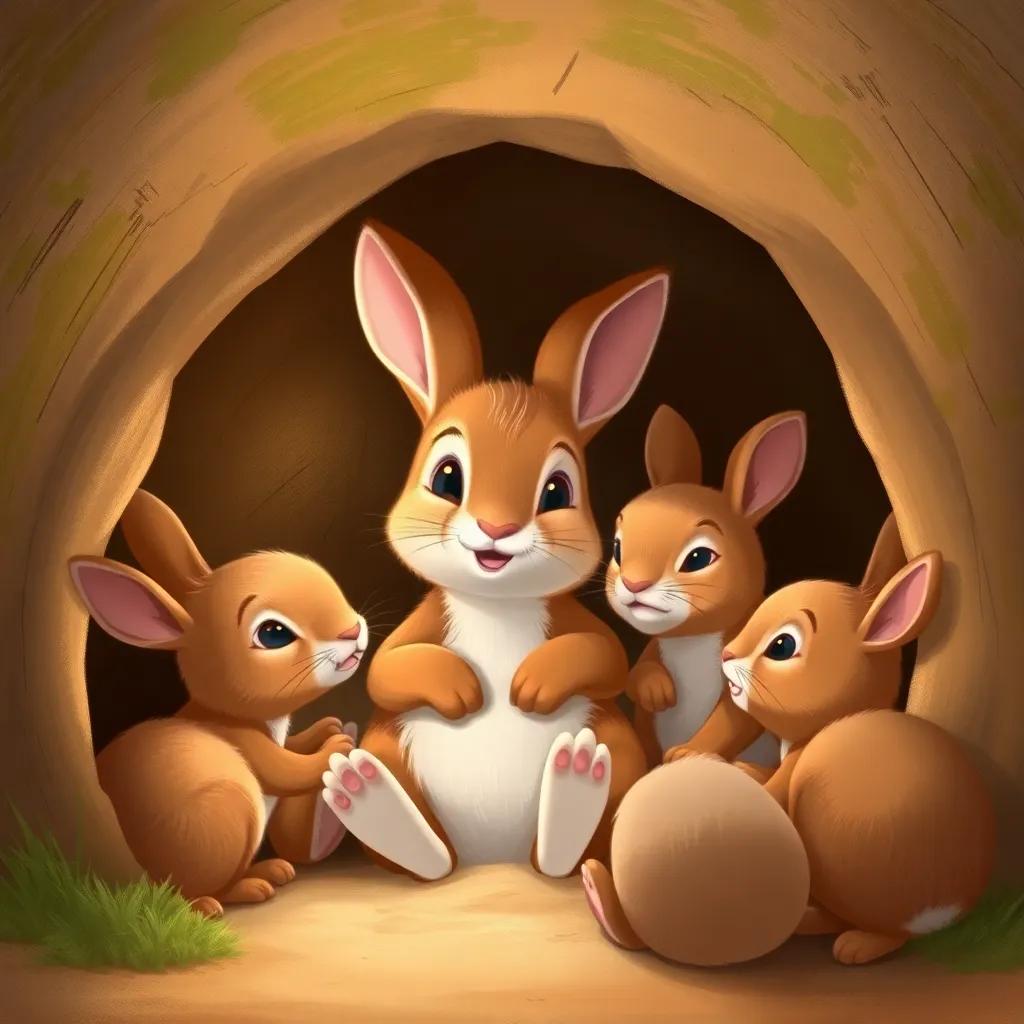 Peter Rabbit, a small, brown rabbit, sitting happily in his burrow, surrounded by his siblings, with a loving look from his mother, cozy and warm atmosphere, delightful illustration, inviting colors, heartwarming scene, high quality