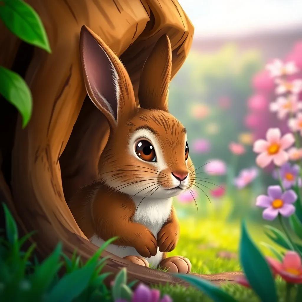 Peter Rabbit, a small, brown rabbit, looking thoughtful as he gazes at the garden from the safety of his burrow, reflective expression, colorful scene, calm and peaceful atmosphere, high quality