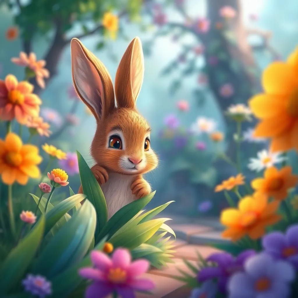 A magical garden where Peter Rabbit, a small, brown rabbit, is peeking out from behind a flower, colorful and dreamy illustration, enchanting colors, whimsical mood, inviting perspective, high quality