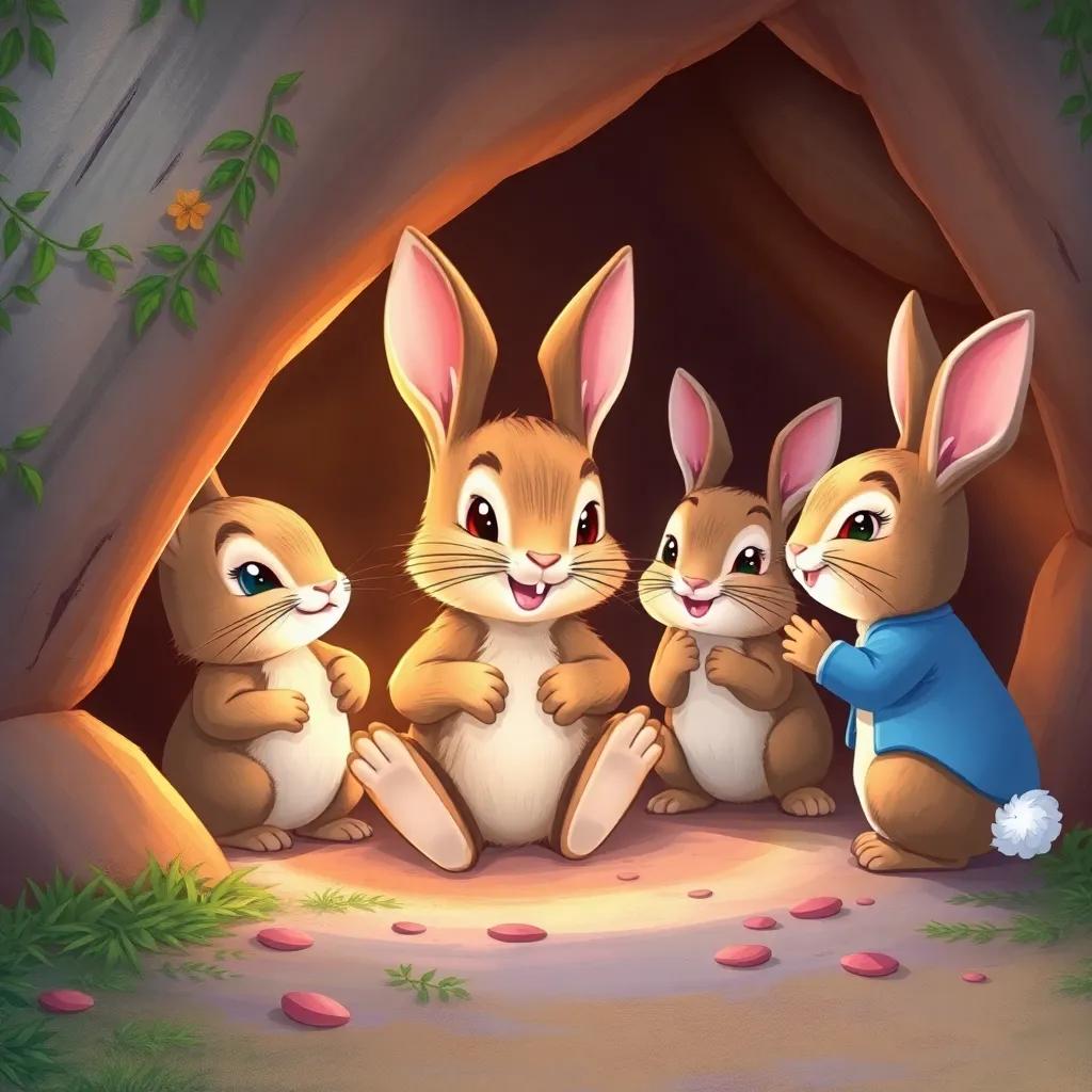 Peter Rabbit, a small, brown rabbit, playing safe games with his brothers and sisters in their burrow, filled with joy and laughter, colorful illustration, cheerful atmosphere, heartwarming scene, high quality