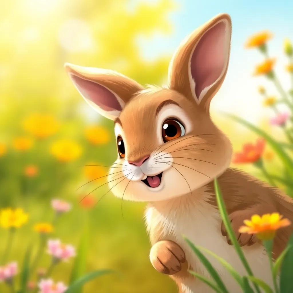 Peter Rabbit, a small, brown rabbit, peeking out at the garden with wide eyes and happy thoughts, playful expression, sunny background, bright illustration, joyful perspective, high quality