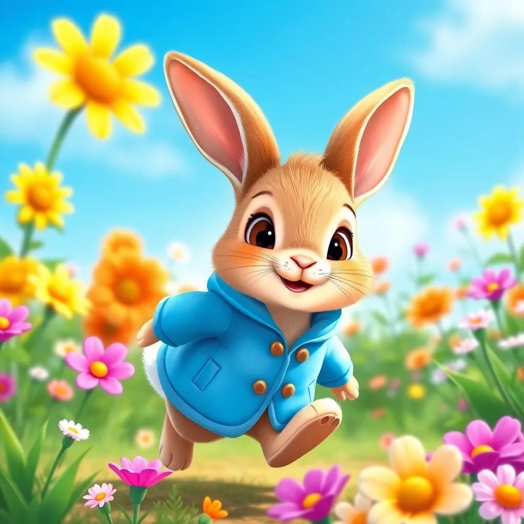 A little rabbit, Peter, with a lovely blue coat, playfully hopping in a sunny garden, flowers blooming around, bright blue sky, cheerful and vibrant colors, digital art, child-friendly, high-quality