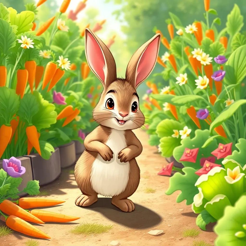 Peter Rabbit quietly entering the garden filled with beautiful carrots and tasty lettuce, his tummy rumbling with excitement, the scene bright and colorful, illustration, cheerful, vibrant, high-quality