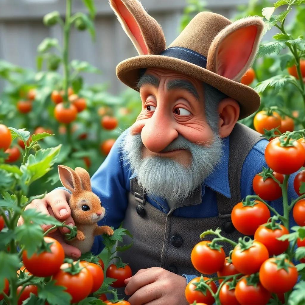 Mr. McGregor, an old man with a frown, searching for Peter Rabbit among tomato plants, a garden full of vegetables, a little bit chaotic, colorful, digital art, child-friendly, detailed