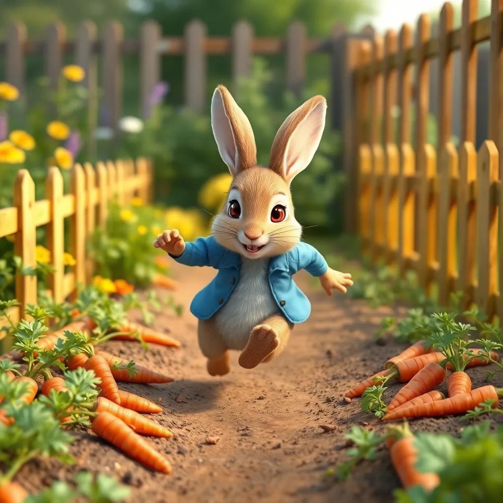 Peter Rabbit making a quick dash across the garden, hopping over carrots toward the fence, feeling brave and quick, colorful gardening scene, high-quality digital art, child-friendly