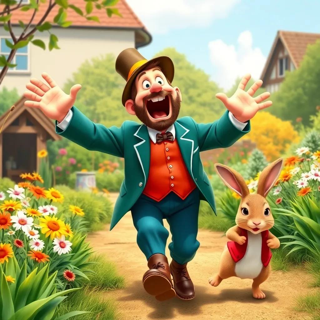 Mr. McGregor shouting and waving his arms, chasing after Peter Rabbit through the garden, an exciting scene with a lot of movement, bright colors, illustration, engaging