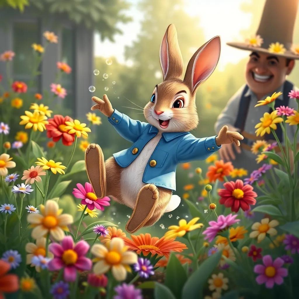 Peter Rabbit jumping into a flower bed, flowers tickling him, sneezing, with Mr. McGregor right behind him, colorful flowers around, fun, animated style, digital illustration