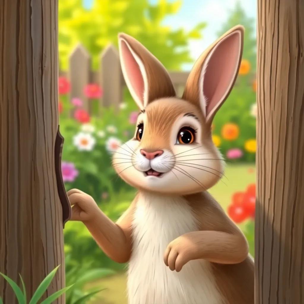 Peter Rabbit seeing a small hole in the fence, squeezing through just in time, a sense of relief in his eyes, the garden lively behind him, cheerful illustration, high-quality, child-friendly