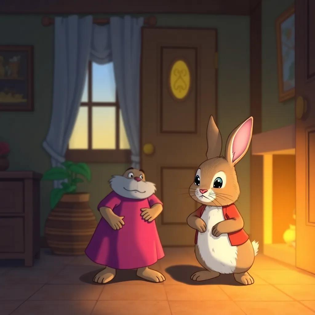Peter Rabbit returning home, his mother looking concerned, warm cozy home setting, with Peter looking apologetic, illustrated in a colorful and heartwarming style