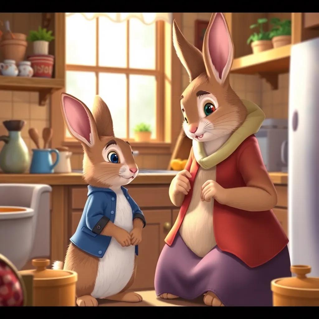 Peter Rabbit listening to his mother, who teaches him about bravery and rules, the kitchen warm and inviting, colorful, engaging illustration, high-quality