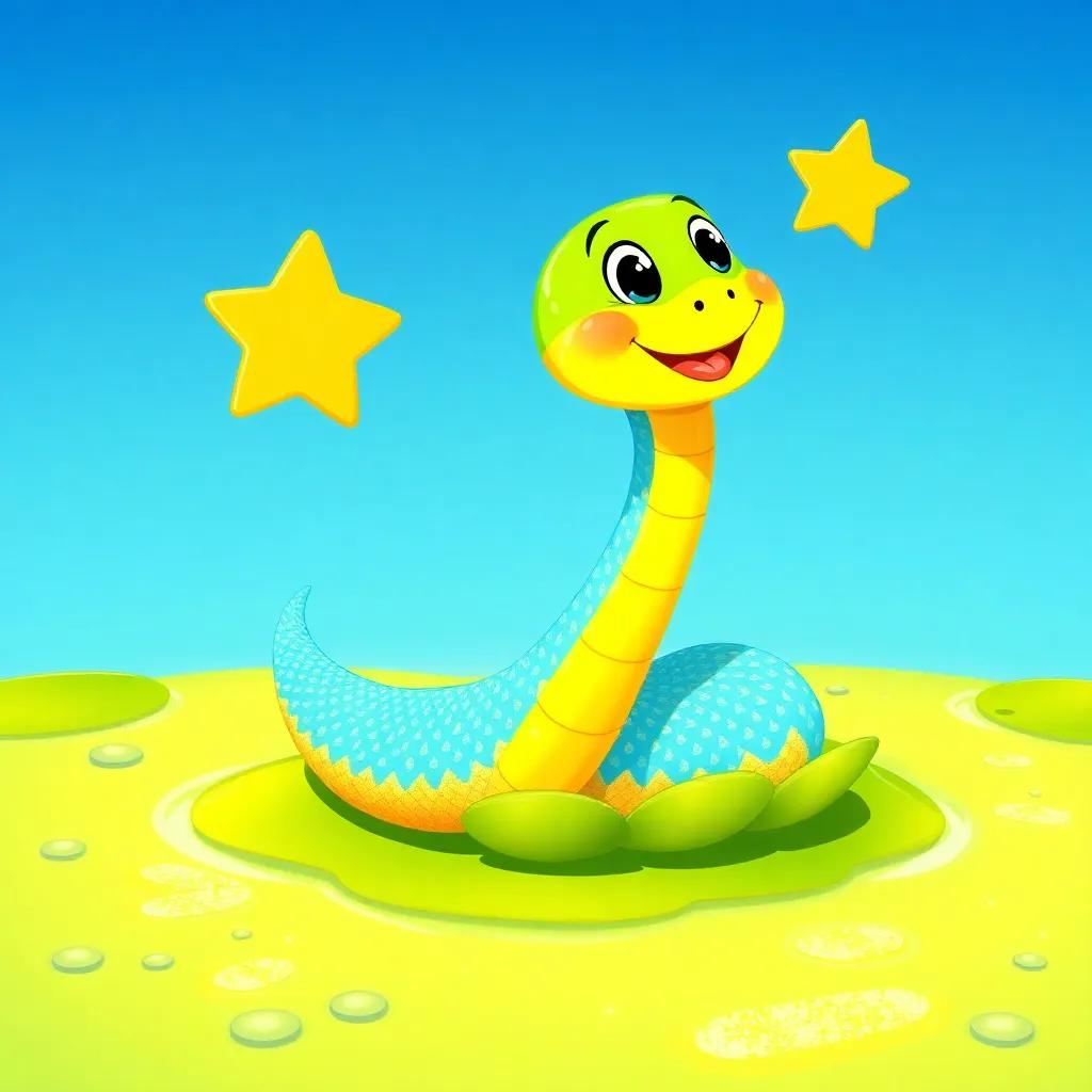 A bright blue and yellow snake, Slinky, with shimmering scales, sitting on a bright green lily pad in a sparkling pond, talking to a twinkling star in the sky, cheerful and colorful, digital art, vibrant colors, detailed, cheerful atmosphere, whimsical, high quality