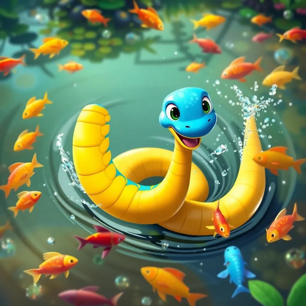 Slinky the snake, with bright blue and yellow scales, swimming swiftly in a pond filled with colorful fish, splashes around him, sparkling water, cheerful mood, illustration, lively, playful environment, high quality