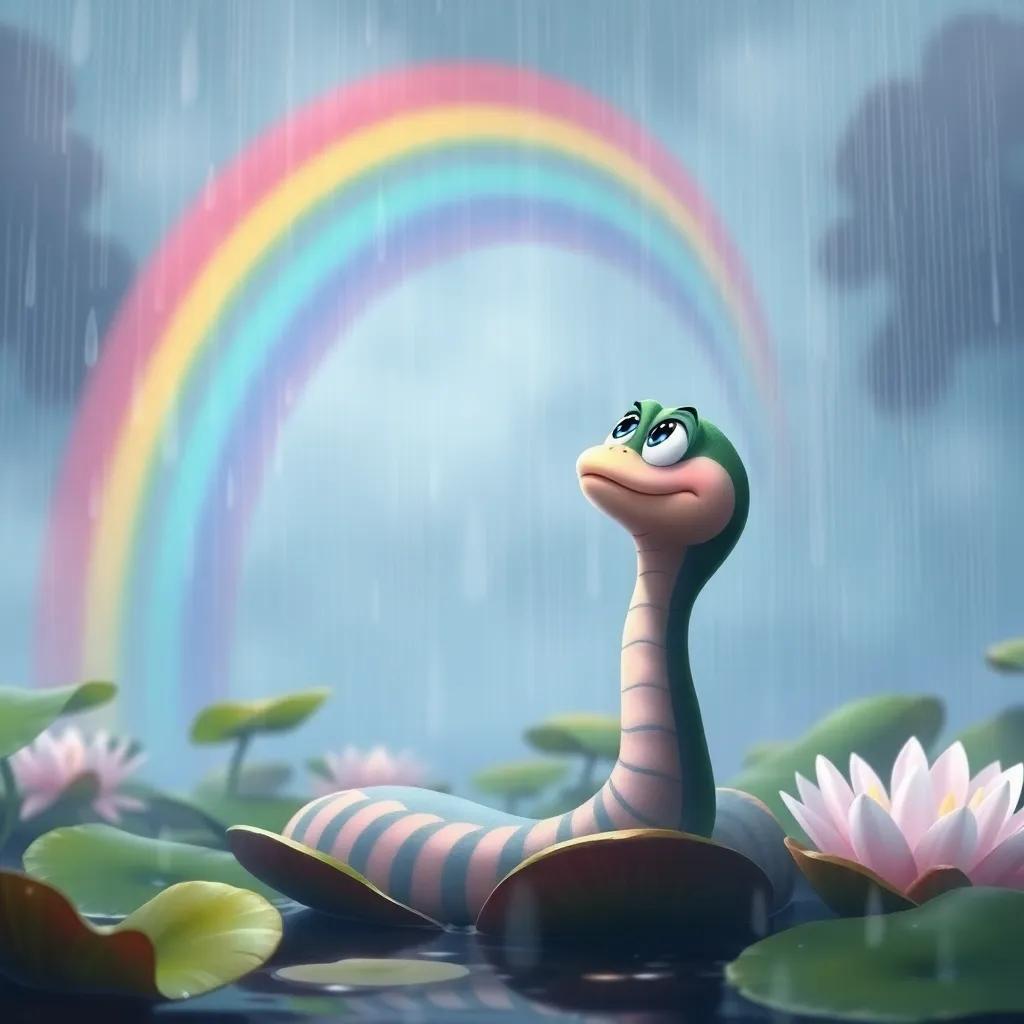 Slinky, the snake, looking up at a colorful rainbow in the sky, appearing nervous under a big lily pad, surrounded by soft raindrops falling around, bright colors, digital painting, whimsical, warm yet stormy mood, high quality