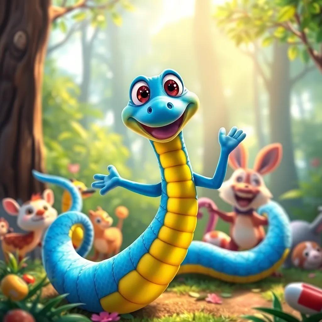 A joyful Slinky, a bright blue and yellow snake, dancing and showing off his scales, vibrant colors sparkling in the sunlight, alongside cheering forest animals, colorful and playful atmosphere, illustration, joyful, high quality