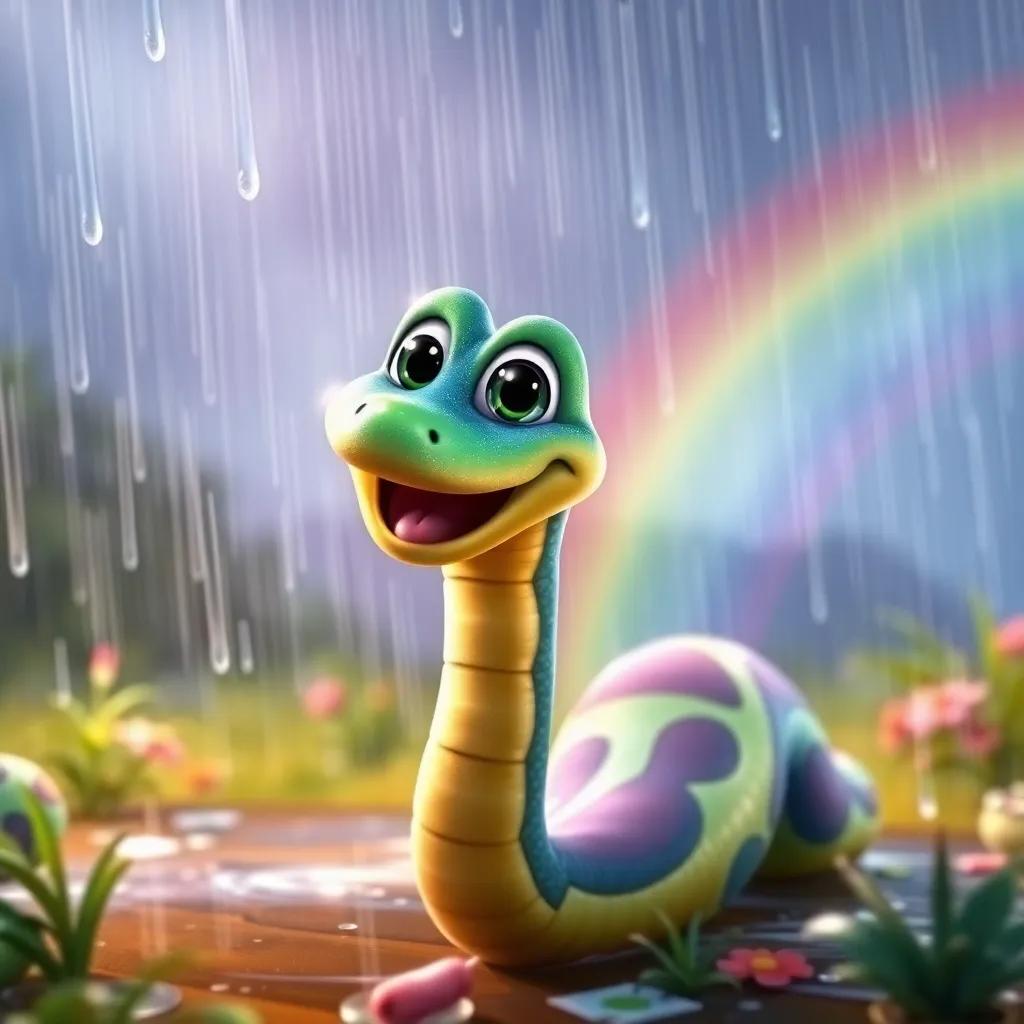 Slinky the snake, smiling brightly, playing in the rain with raindrops glimmering on his scales, looking proud and happy, rainbow in the background, colorful, lively scene, digital art, joyful ambiance, high impact
