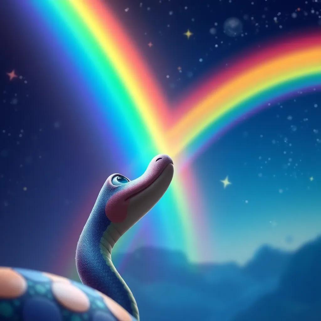 A close-up of Slinky the snake looking at the beautiful rainbow with awe, his bright colors reflecting in the sunlight, stars twinkling in the background, colorful and cheerful, digital painting, enchanting view, high detail