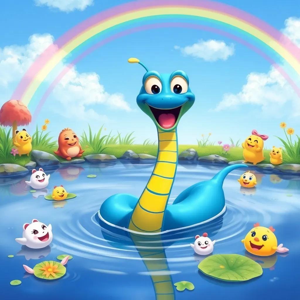 A proud Slinky, the blue and yellow snake happily swimming in a pond, with the rainbow above him and smiling creatures around, joyful and colorful scene, illustration, vibrant, magical atmosphere, high quality