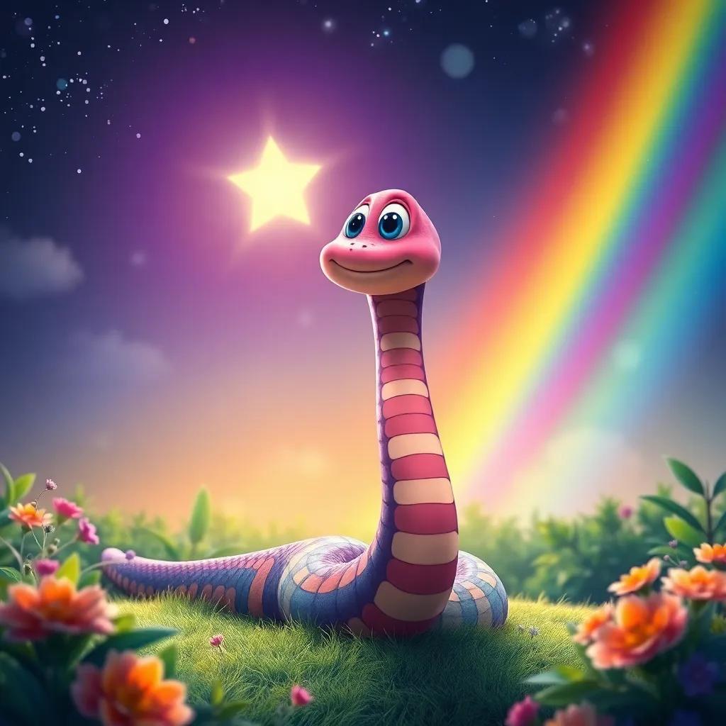 Slinky the snake, under a glowing star, standing proudly by a rainbow, appreciating his uniqueness and beauty, surrounded by vibrant nature, digital art, uplifting, heartwarming, bright colors, high quality