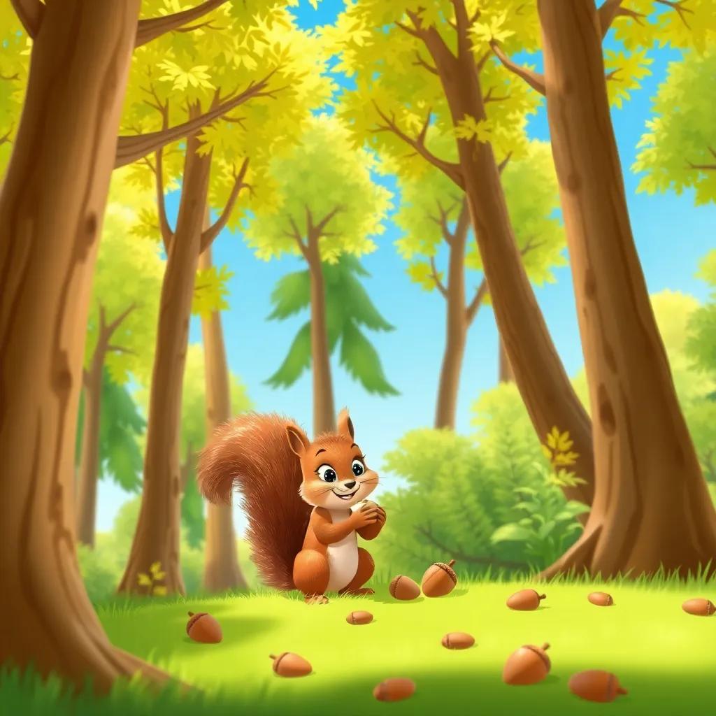 A lively forest scene with tall trees, bright green leaves, and a clear blue sky, a cheerful squirrel named Nutkin with a bushy tail and bright eyes gathers acorns, digital art, colorful, playful atmosphere, high quality