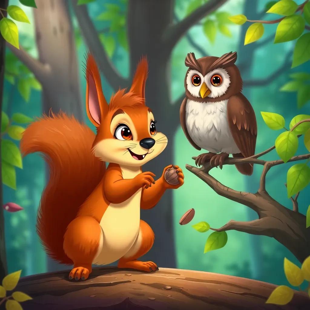 Nutkin, a mischievous squirrel with a bushy tail and twinkling eyes, playfully throwing nuts at a wise old owl, Old Brown, perched on a branch, surrounded by vibrant forest colors, illustration, humorous and engaging, child-friendly