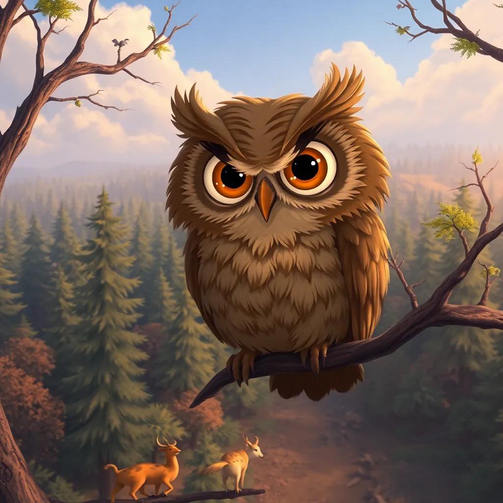 Old Brown, a wise owl with large round eyes and fluffy feathers, looking grumpy while perched high in a tree, the forest below him bustling with lively animals, digital painting, richly detailed, warm colors