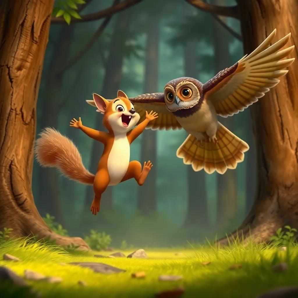 Nutkin, the squirrel, jumping playfully, while Old Brown swoops down low, a dynamic and action-packed scene in the forest, showcasing the squirrel's thrill and the owl's grace, exciting, child-friendly art