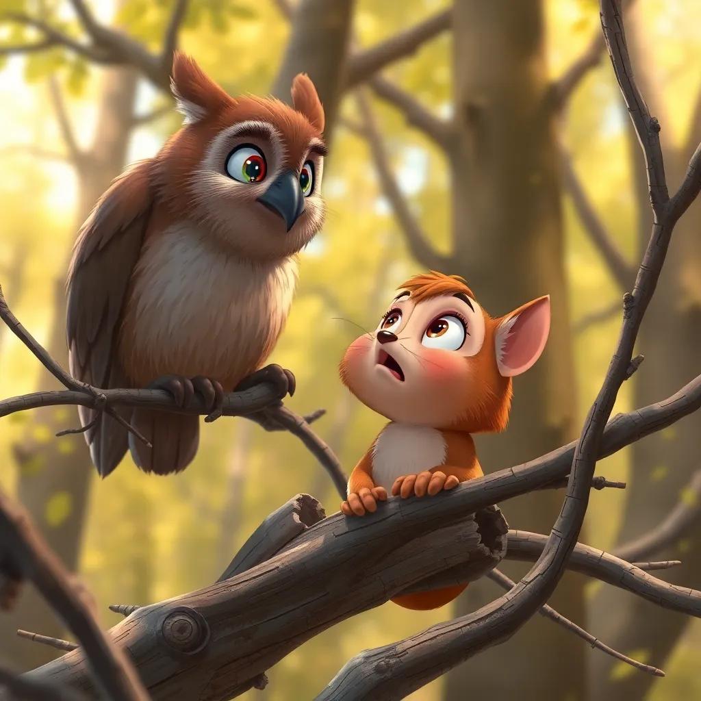 Nutkin, tangled in branches with a surprised expression, looking up at Old Brown who hoots softly in concern, the forest backdrop with sunny colors and playful charm, illustration, heartwarming and humorous, rich details