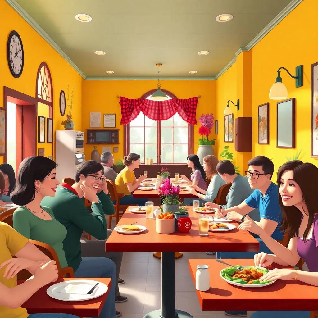 A cozy café filled with people enjoying their meals, servers smiling, bright yellow walls, colorful decorations, sunlight streaming through the windows, cheerful atmosphere