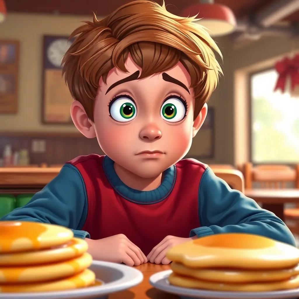 A curious eleven-year-old boy, Timmy, looking at the menu with a puzzled expression, sitting at a table with fluffy pancakes in front of him, vibrant colors, detailed, engaging scene