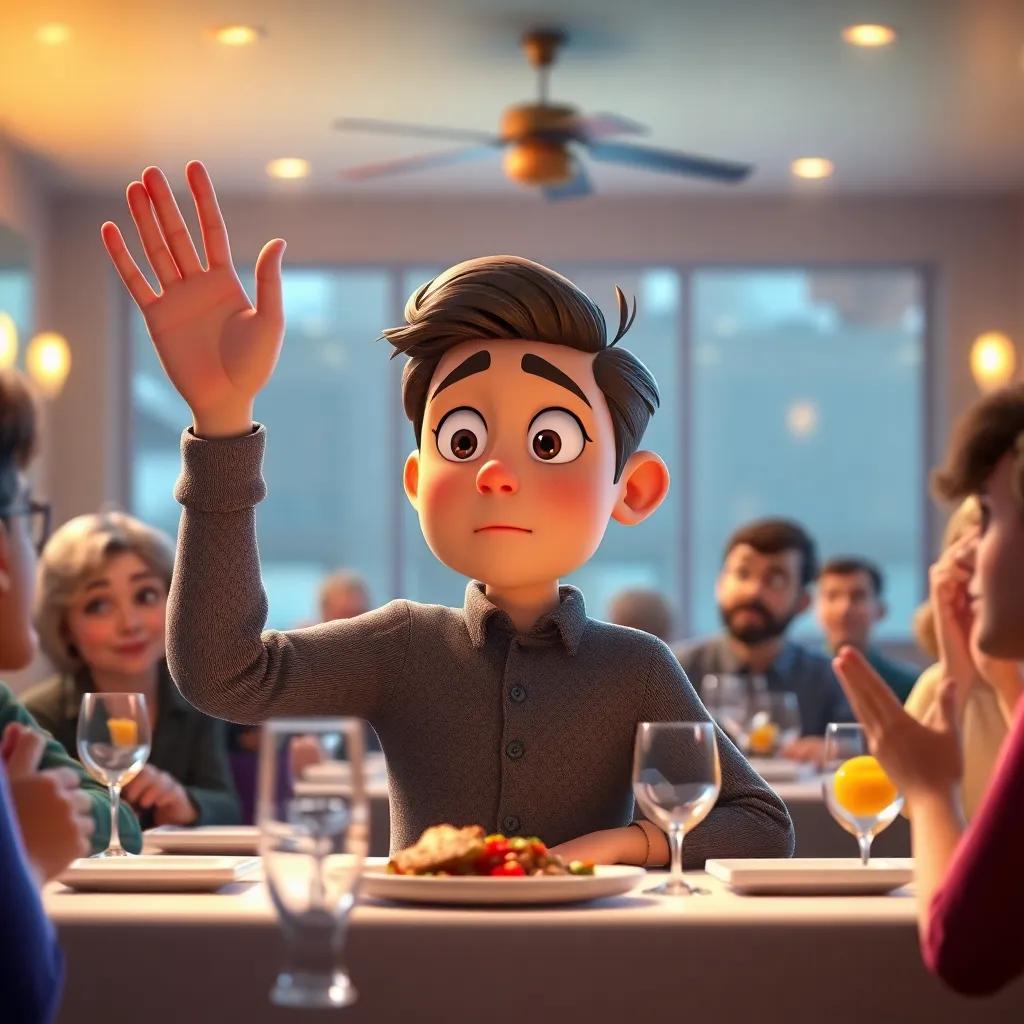 Timmy raising his hand to speak with a concerned look, surrounded by other diners who are looking with interest, warm lighting, engaging environment, sense of anticipation