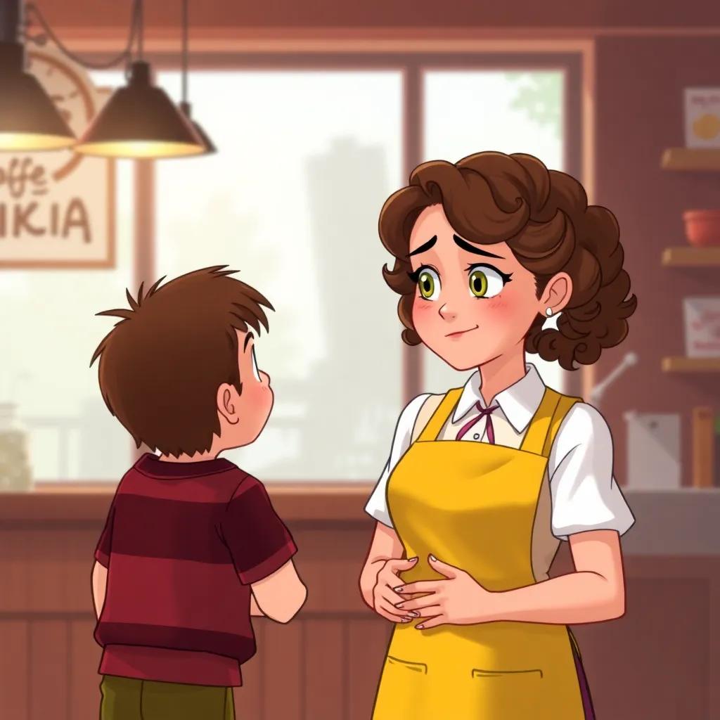 Lily, a kind server with curly brown hair, looking worried while talking to Timmy, in a bright yellow apron, actively listening, showing friendliness, detailed illustration, café background